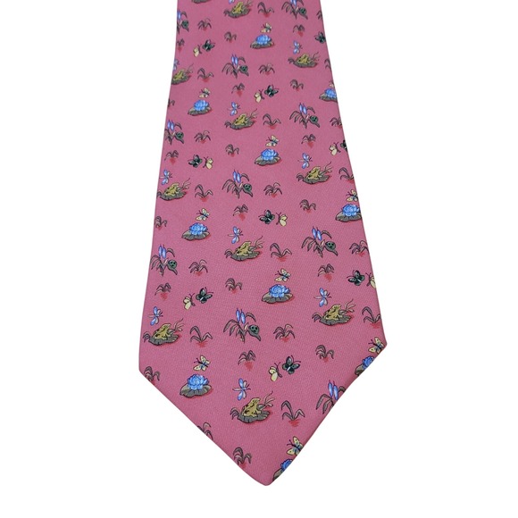 Salvatore Ferragamo Men's Necktie Pink Floral Frog Lilypad Butterfly Fashion - Picture 1 of 10
